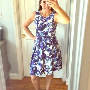 Eliza J Blue Belted Floral Dress Lined Size 8P Petite‎ Sleeveless